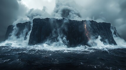 Fototapeta premium A dramatic volcanic island emerging from the ocean, surrounded by crashing waves, steam rising from the rugged black lava rocks.