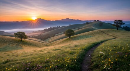 Fototapeta premium Sunrise over a rolling hill landscape with trees and a winding path