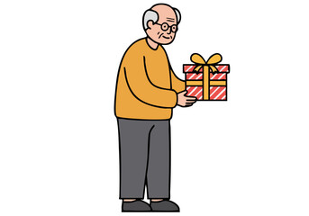 An elderly man presents a gift box with a warm smile. Simple, clean illustration style. Focus on gratitude and a heartwarming moment.