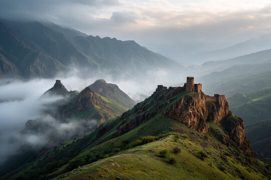 A serene view of the Alamut Castle ruins perched dramatically on a mountain peak, shrouded in mist, evoking ancient mysteries.