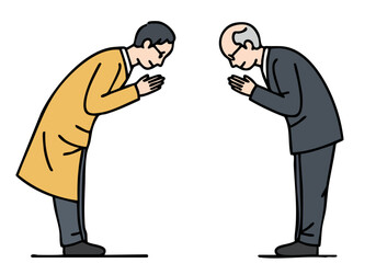 Two men perform traditional -Honor Respect Bow- gesture showcasing cultural etiquette and respect Clean lines and minimalist style create a visually appealing and professional image