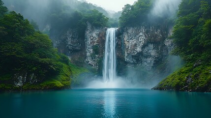 A dramatic waterfall tumbling down from high cliffs into a deep, turquoise pool below.