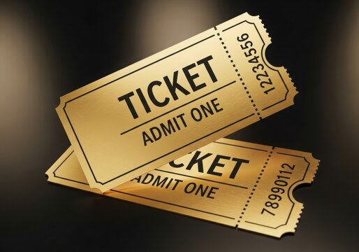 Two vintage golden tickets with the word ticket and admit one printed on them