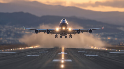 Naklejka premium Dynamic ground-level shot, jet engines blazing through drifting smoke, runway stretching into the golden mist of dawn, emphasizing power and motion