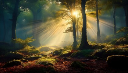 mystical foggy forest with sun rays piercing throu