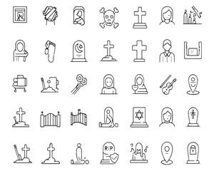 Set of outline icons related to death and funeral. Linear icon collection