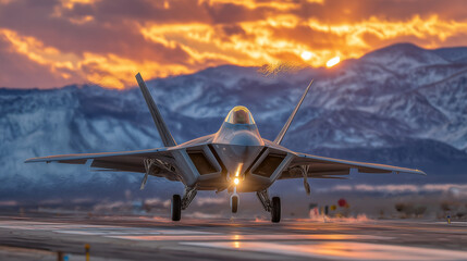 Epic perspective from behind, fighter jet lifting off the airstrip, smoke swirling around wings and fuselage, glowing sunrise casting dramatic shadows and reflections