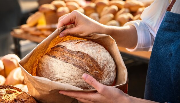 close up of hand placing freshly baked loaf of crusty bread into paper bag at farmer market