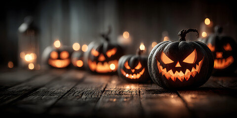 Spooky pumpkin carving contest setup with a row of detailed jack-o'-lanterns, each glowing brightly, displayed on a dark wooden table