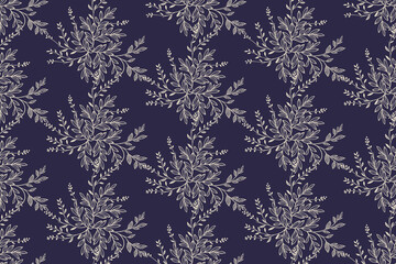 Abstract white on blue seamless pattern with leaves. Two-color vector floral pattern.