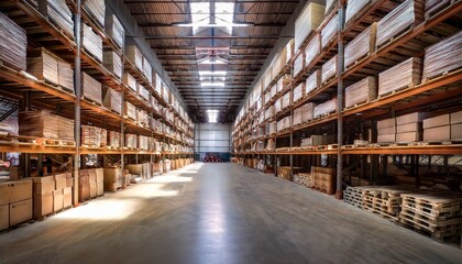 Fototapeta premium spacious warehouse interior featuring wooden shelves and polishe
