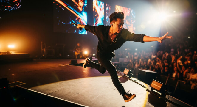 Male singer running on stage during a live music concert. Dynamic performance of a young Asian artist in front of a crowd.