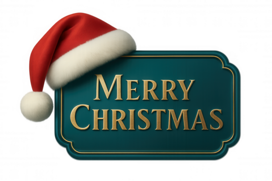 Elegant merry christmas sign with santa hat on transparent background, perfect for holiday greetings and festive designs
