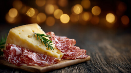 Close-up with shallow depth of field, focus on sliced meats and cheese, blurred mountain sunset over clouds providing dramatic and warm backdrop