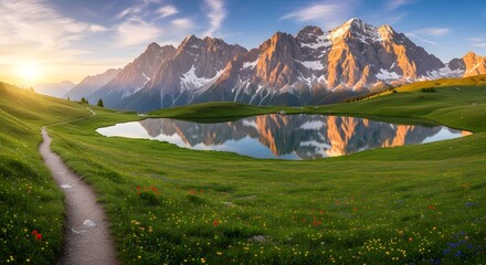 Idyllic mountain lake reflecting the peaks at sunrise with a hiking trail