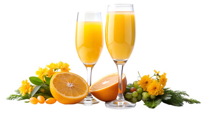 Two glasses of mimosa cocktail with orange fruit and flower isolated on transparent background, perfect for brunch or celebration