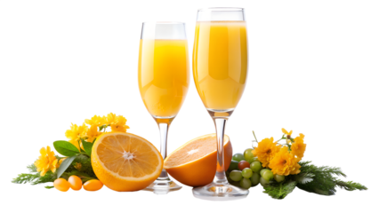 Two glasses of mimosa cocktail with orange fruit and flower isolated on transparent background, perfect for brunch or celebration