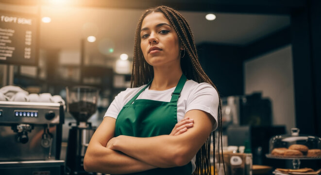 Confident young female barista with arms crossed in a coffee shop. Professional woman with braids working in a modern cafe.