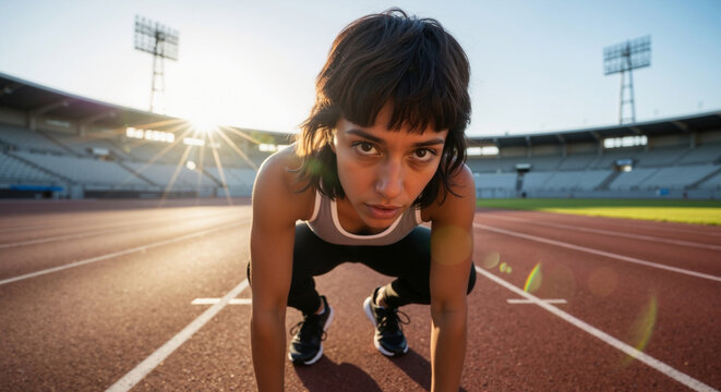 Determined female athlete in a starting position on a running track at sunrise. Focused woman ready to race in a stadium. - Powered by Adobe