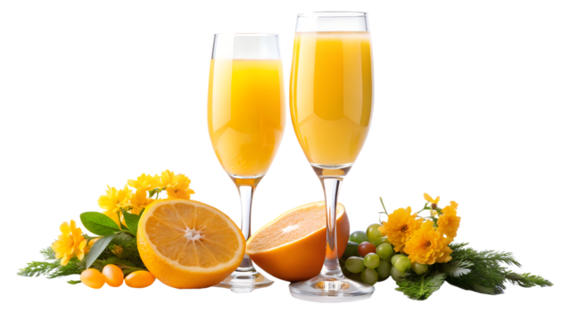 Two glasses of mimosa cocktail with orange fruit and flower isolated on transparent background, perfect for brunch or celebration