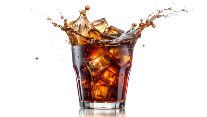 Refreshing cola drink with ice cubes splashing in a glass isolated on transparent background, ideal for summer promotions and advertising campaigns
