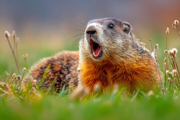 Energetic Groundhog Vocalizing in a Lush Green Field Scene