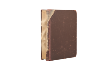 Aged hardcover book, muted brown/crimson, well-worn binding, one corner dissolving into granular pale dust, isolated on seamless transparent background, no shadows. Concept of time and fragility