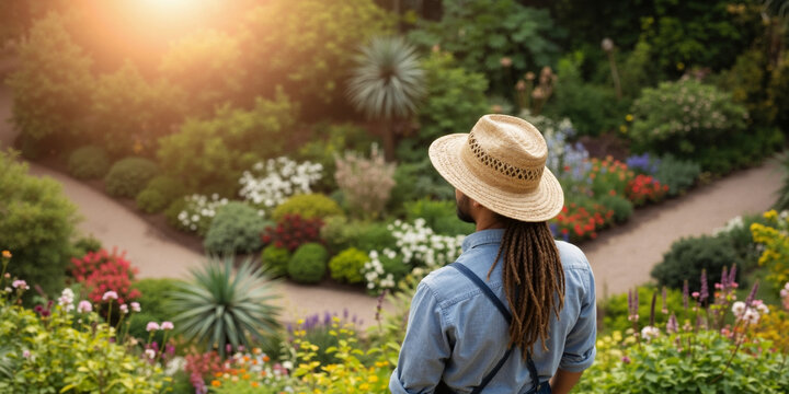 Male gardener with dreadlocks and a straw hat admiring a lush landscaped garden. Professional landscaper looking over his work.