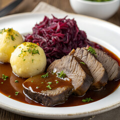 Slices of roast beef with brown sauce, potato dumplings, and red cabbage on a plate