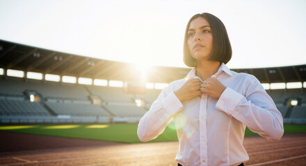 Determined businesswoman getting ready on a running track at sunset. Ambitious professional preparing for a challenge in a stadium.