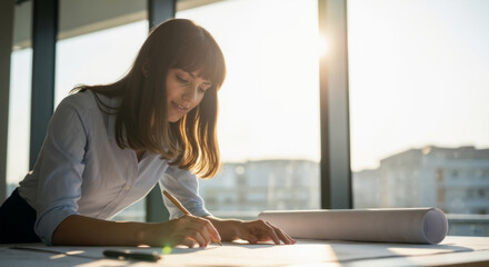 Female architect drawing on a blueprint in a sunlit office. Young professional designer working on a project at sunset.