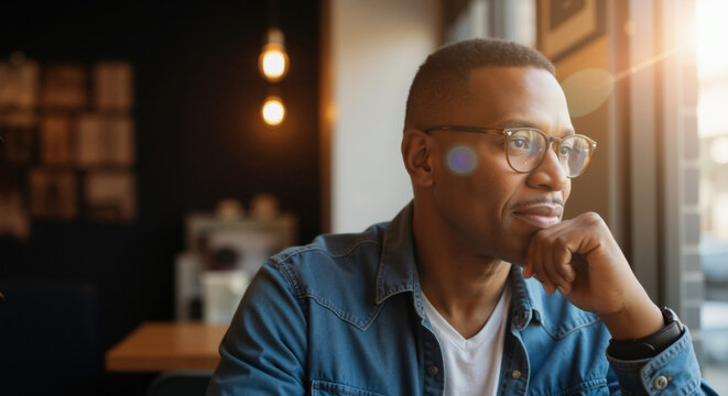 Thoughtful middle-aged black man with glasses looking out a window in a cafe. Pensive African American professional contemplating.