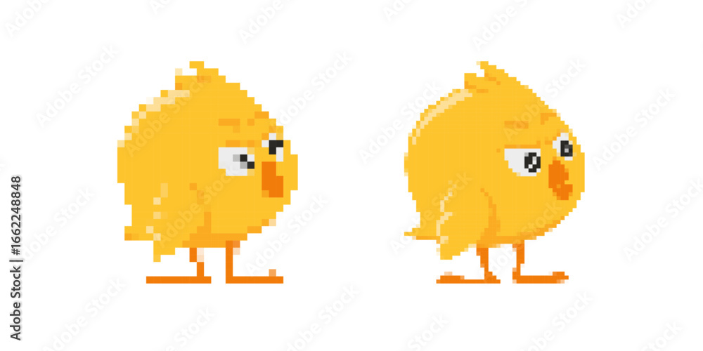 Poster charming pixelated yellow chick characters ideal for retro and 8-bit style game design projects.
