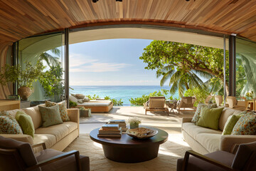 Fototapeta premium Luxurious Ocean View Living Room with Modern Tropical Decor