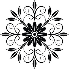 Black Eight Petal Flower with Swirling Leaves and Vines Design floral flourish