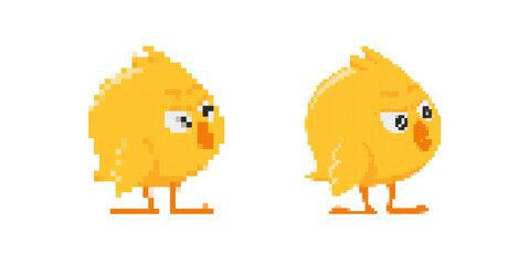 Charming pixelated yellow chick characters ideal for retro and 8-bit style game design projects.