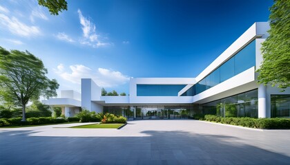 modern healthcare facility with clean lines and contemporary architecture surrounded by greenery and clear blue skies perfect for medical and wellness themes