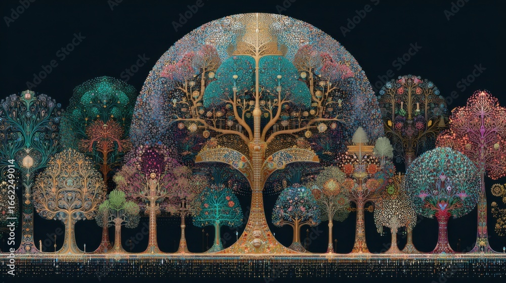 Poster a painting of a tree with a moon in the background