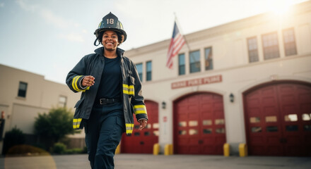 Smiling black female firefighter in uniform walking at a fire station. Confident African American first responder with an American flag in the background.