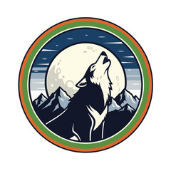 Fototapeta premium A howling wolf silhouetted against a full moon and majestic mountains, encircled by a rustic badge design.