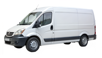 White commercial van isolated on transparent background, a vehicle for delivery and transportation of goods and cargo, side view