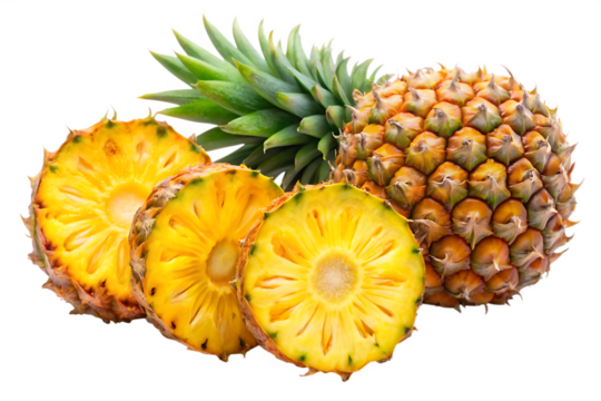 A whole pineapple and three slices of pineapple, isolated on a transparent background