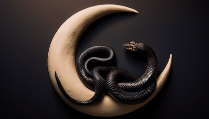 Obraz premium black snake wrapped around a crescent moon minima