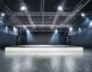 modern empty exhibition stage in bright gallery with spotlights for product launches and events