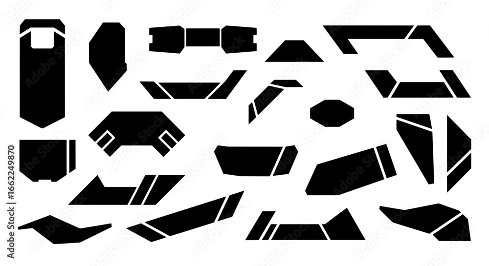 Poster diverse set of abstract tech shapes with a fragmented, futuristic style. these isolated black vector
