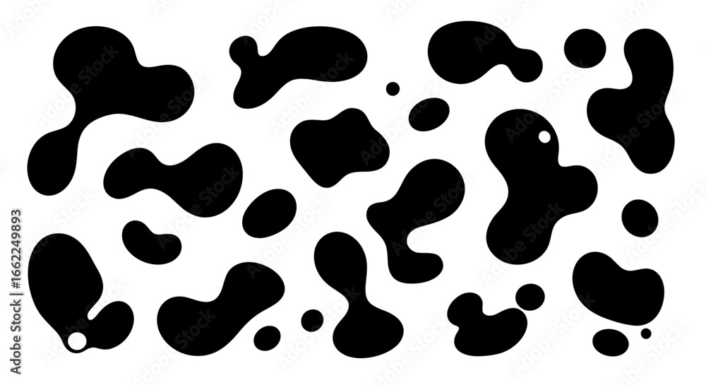 Poster a collection of organic black blobs and fluid shapes resembling a classic cow pattern. these isolate