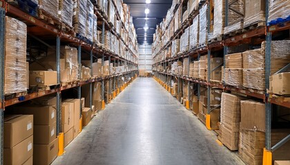 long aisle in warehouse lined with shelves full of cardboard box