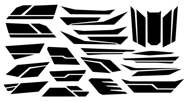 A collection of futuristic vector graphics for vehicle wraps and decals. Sharp, abstract geometric shapes are ideal for automotive racing liveries.