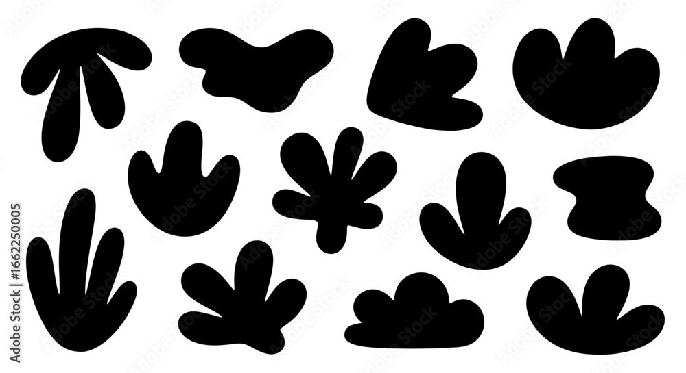 Poster a collection of thirteen modern abstract botanical shapes. set of hand-drawn organic black blobs and
