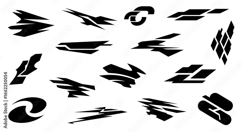 Poster set of abstract futuristic shapes. collection of modern black geometric elements and icons with shar